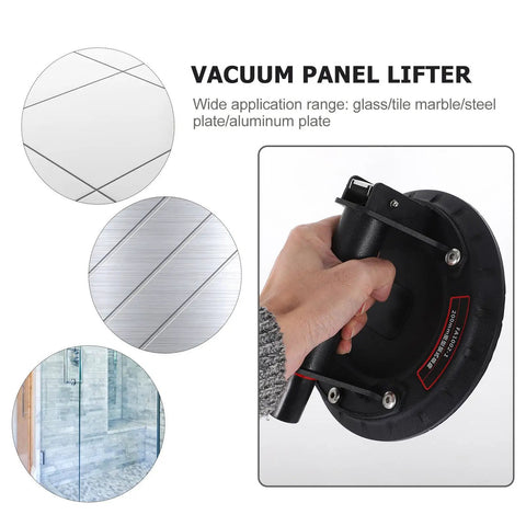 Heavy Duty Glass Suction Cup Lifter With Quick Release Handle for Moving Granite, Ceramic Tile, And Sheet Metal Safely with a rubber grip.