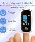 Rechargeable Pulse Oximeter With Fast SpO2 And Pulse Rate Readings In Five To Eight Seconds showing display readings on finger
