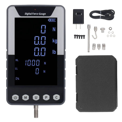 Push Pull Thrust Dynamometer Gauge With Bright Color Digital Display For Real Time Force Readout 10N 1kg 2.2lb Capacity Tension And Pressure Tester Three Measurement Modes Reversible Screen US Plug For Lab Or Workshop, with case and probes