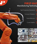 Orange industrial robotic arm with manufacturing technology features like high temperature resistance, corrosion protection, and noise reduction.