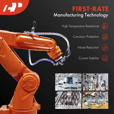 Orange industrial robotic arm with manufacturing technology features like high temperature resistance, corrosion protection, and noise reduction.