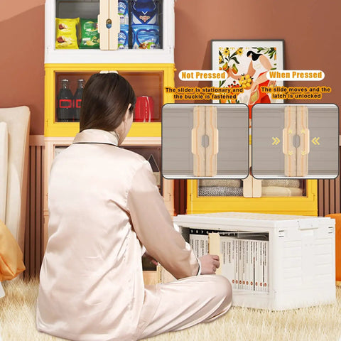 Woman using No Sweat Large Plastic Storage Bins With Secure Lids Fold Flat Stacking Organizers For Dorms Home Offices And Closets Dead Simple Setup Slick White Finish.