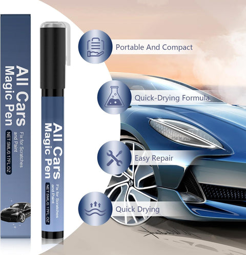 Three Piece Magic Car Scratch Remover Pen Set For All Cars, shown with pen and sports car illustration, highlighting features.