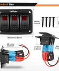 Dimensions of Three Gang Aluminum Rocker Switch Panel with Prewired Harness and Red Backlit Night Glow for 12V/24V systems