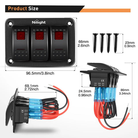 Dimensions of Three Gang Aluminum Rocker Switch Panel with Prewired Harness and Red Backlit Night Glow for 12V/24V systems