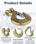 Heavy Duty One Quarter Inch Chain Hooks Set Four Clevis Slip Hooks With Safety Latch Grade 70 forged steel close-up view