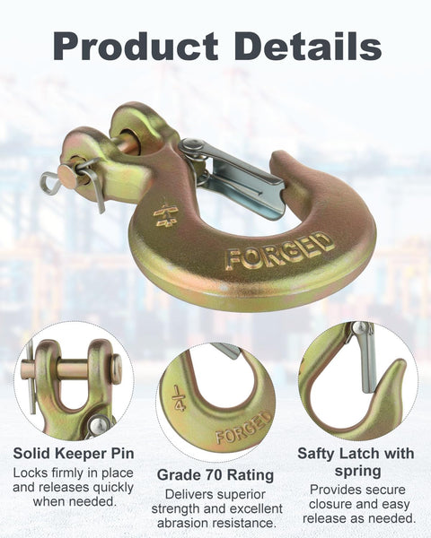 Heavy Duty One Quarter Inch Chain Hooks Set Four Clevis Slip Hooks With Safety Latch Grade 70 forged steel close-up view