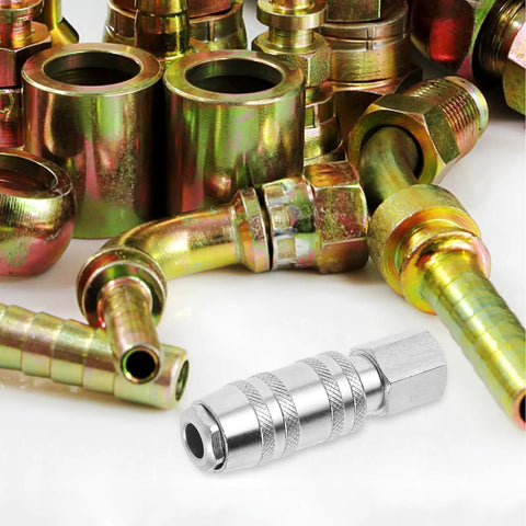 Heavy Duty Workhorse Stainless Steel Air Hose Coupler Quick Connect Pneumatic Fitting on assorted metal fittings.