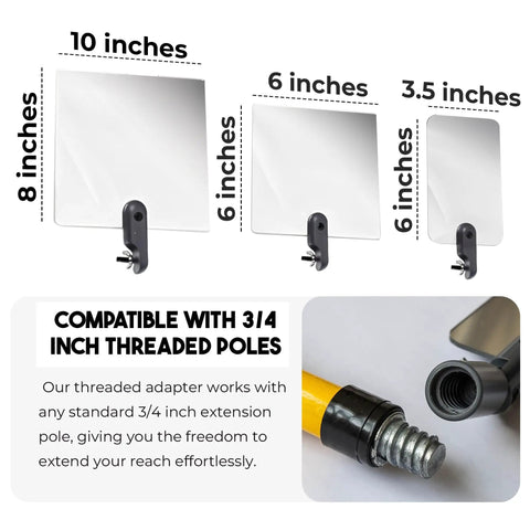 Three sizes of inspection mirrors with threaded adapters for 3/4 inch poles, compatible for extending reach in various tasks.