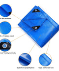 Heavy Duty Twenty By Thirty Foot Waterproof Tarp Thats Super Thick At Sixteen Mil And Tough As Nails For All Your Outdoor Needs Like Camping Tent Roof Boat Car Pool And Ground Cover In Blue, showing thickness, grommets, and weave details