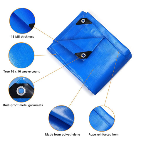 Heavy Duty Twenty By Thirty Foot Waterproof Tarp Thats Super Thick At Sixteen Mil And Tough As Nails For All Your Outdoor Needs Like Camping Tent Roof Boat Car Pool And Ground Cover In Blue, showing thickness, grommets, and weave details
