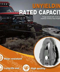 10 Ton Snatch Block, Heavy Duty Recovery Pulley With 22,046 Lbs Working Load Limit, 3/4 Inch Rope Diameter For Off Road Recovery, Towing, And Winching, Gray, attached to winch rope on off-road truck