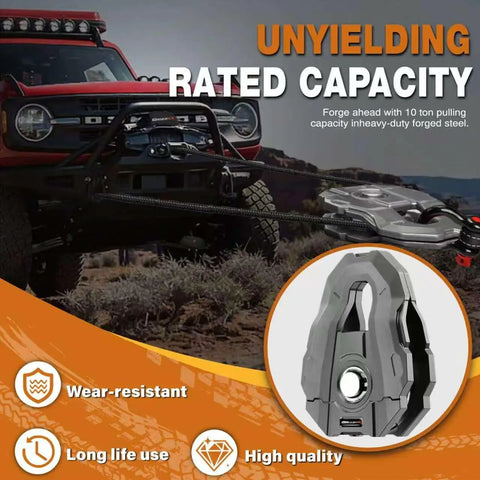 10 Ton Snatch Block, Heavy Duty Recovery Pulley With 22,046 Lbs Working Load Limit, 3/4 Inch Rope Diameter For Off Road Recovery, Towing, And Winching, Gray, attached to winch rope on off-road truck