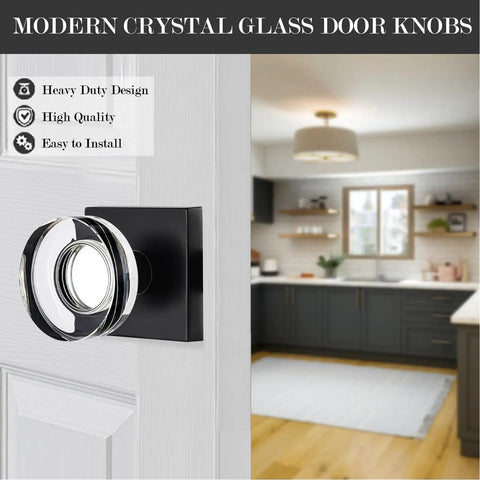 Close-up of 2 Pack Matte Black Dummy Door Knobs With Crystal Glass Knobs installed on white interior door in modern kitchen.
