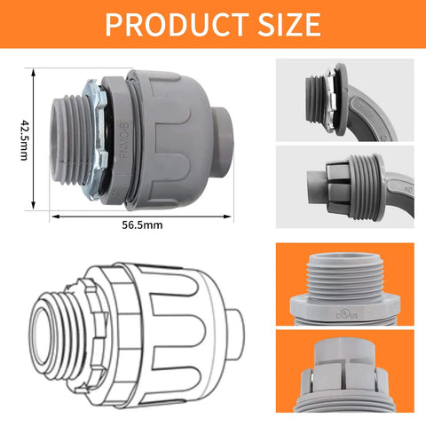 Diagram of Three Quarter Inch Liquid Tight PVC Conduit Fittings Kit with dimensions, showing flexible connector features for home DIY projects.