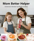 Badass Cordless Immersion Stick Blender With 8 Power Levels And 3 In 1 Utility For Silky Purees Savory Soups And Thick Sauces No Cords Dragging You Down Grab Total Wireless Freedom And Kitchen Swag With This Top Tier Handheld Magic in kitchen with woman and girl.