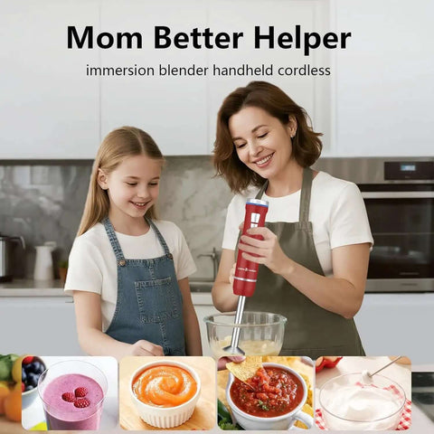 Badass Cordless Immersion Stick Blender With 8 Power Levels And 3 In 1 Utility For Silky Purees Savory Soups And Thick Sauces No Cords Dragging You Down Grab Total Wireless Freedom And Kitchen Swag With This Top Tier Handheld Magic in kitchen with woman and girl.