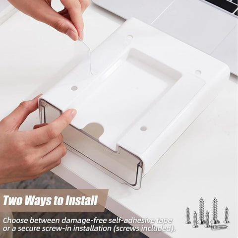 Two Pack Under Desk Storage Drawers With Smooth Slide Out Glides And Pick Either Adhesive Or Screw Mount Setup to Flex Your Workspace Without Breaking A Sweat Keep Clutter Gone For Your Daily Grind Survival, showing installation method.