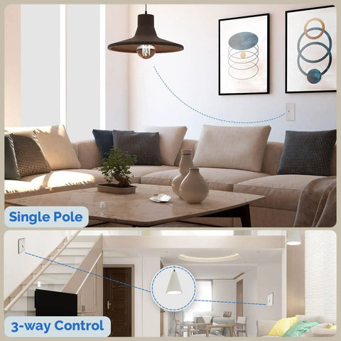 Living room with New Gen Smart Toggle Switch For Single Pole And 3 Way Lights, 2.4G WiFi, showing remote light control.
