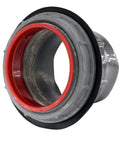 Heavy Duty Five Inch Pvc Coated Conduit Knockout Hub features a sleek black finish and secure red seal for wiring protection.