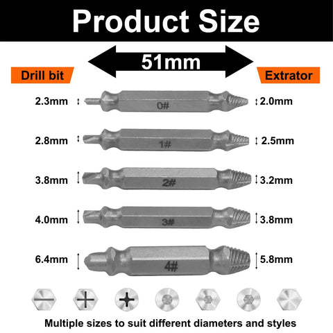 6 Piece Damaged Screw Extractor Kit For Stripped Screws And Bolts, Universal Drill Bit Remover Set size chart