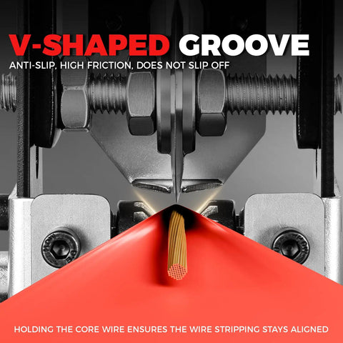 Job Site Ready 2 In 1 Manual Wire Stripper Machine No Sweat Insulation Remover For Scrap Copper Recycling With Quick Grip Handle Tool Kit And Durable Gloves showing V-shaped groove for wire alignment.