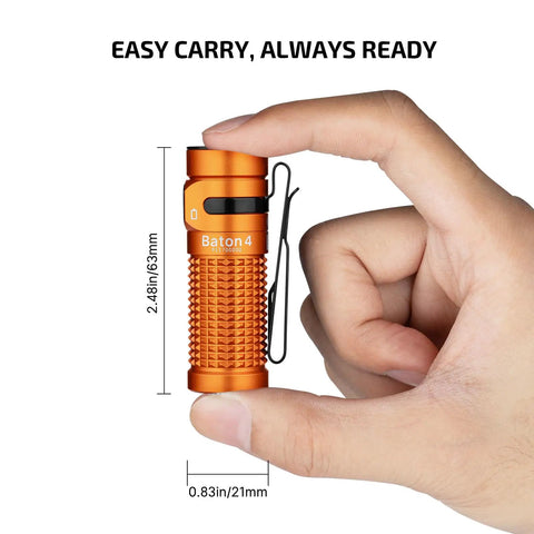 Hand holding Baton4 Rechargeable EDC Flashlight With 1300 Lumens, bright orange, pocket-sized, showing dimensions 2.48in by 0.83in.