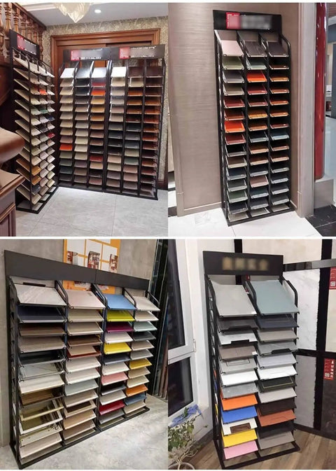 Heavy Duty Steel Tile Display Rack With 24 Card Slots For Large Format Floor Tile And Marble Slab Samples showcasing various samples.