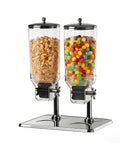 Top Shelf Countertop Cereal Dispenser With Dual 16 Liter Chutes For Nuts Snacks And Dry Grains Heavy Duty Commercial Storage Bin with cereal and colorful candies.