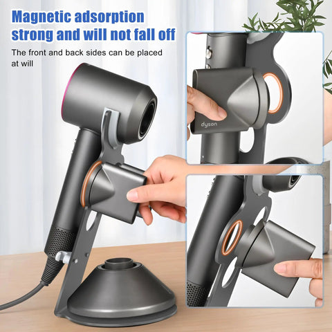 Supersonic Hair Dryer Holder For Dyson Supersonic Aluminum Alloy Bathroom Organizer Bracket with magnetized nozzle in use.