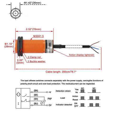 Capacitive Proximity Sensor Switch M30 1-20mm Detecting Range, 10-30V DC 200mA, NO NC, 4 Wire, 30mm Mount, 200cm Cable, technical diagram