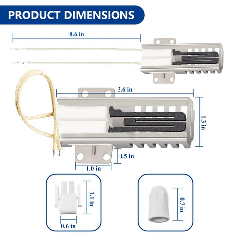 Product dimensions of Plug And Play Direct Fit Oven Igniter Replacement For GE Samsung Hotpoint Kenmore Gas Ranges Replaces 5303935066 IG9998 WB13K10026 Norton 501a DG94-00520a And More Easy Install Sturdy Tech For Fast Cooking shown in inches with connectors.