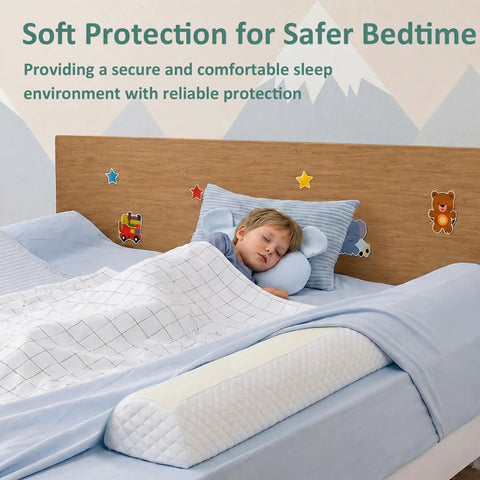 Sleeping child next to Memory Foam Bed Bumpers Two Pack for Toddlers and Kids Soft Edge Safety Rails for Queen King Full Beds.