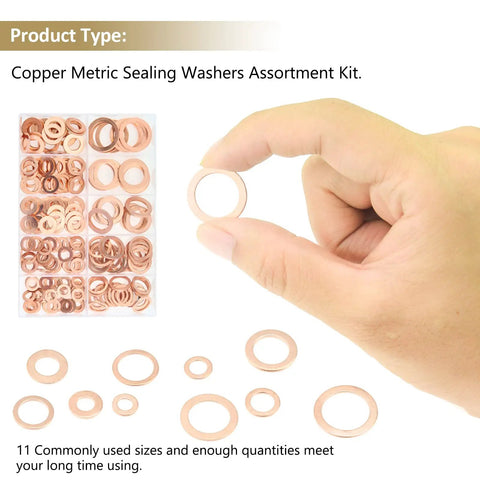 Copper Sealing Washers Kit, Kindroufly 320 Pieces M5-M20, close-up of copper washer held by hand next to labeled storage box