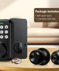 Keyless Entry Door Lock With Handle Set For Front Door, Smart WiFi Lock Kit displayed on table with two handles