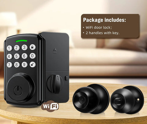 Keyless Entry Door Lock With Handle Set For Front Door, Smart WiFi Lock Kit displayed on table with two handles