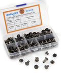 90 Piece Chicago Screws Kit in gun metal for DIY leather craft showing 6 sizes of Phillips head screw rivets in box
