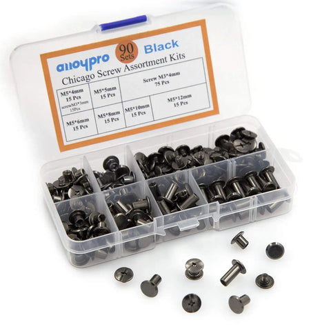 90 Piece Chicago Screws Kit in gun metal for DIY leather craft showing 6 sizes of Phillips head screw rivets in box