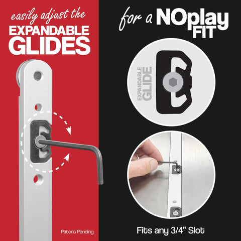 Installation of expandable glides on NoPlay Aluminum Miter Bar With Expandable Glides, 17 Inch, Standard Three Quarters By Three Eighths Inch Miter Slot, Crosscut Sled For Table Saw Router Table And Band Saw shown with adjustment tool and miter slot fitting guide.