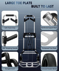 Heavy Duty Folding Hand Truck With Slick Telescoping Handle And Smooth Rolling Wheels Zero Fuss Portable Dolly Cart detailed view of large toe plate, reinforced support rods, and oversized rubber wheels.