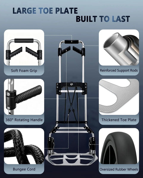 Heavy Duty Folding Hand Truck With Slick Telescoping Handle And Smooth Rolling Wheels Zero Fuss Portable Dolly Cart detailed view of large toe plate, reinforced support rods, and oversized rubber wheels.