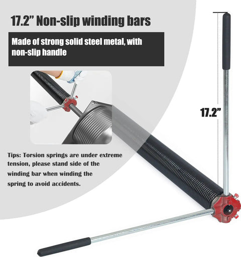 Heavy Duty Pair Garage Door Torsion Spring Set 0.243 Inch Wire, non-slip winding bars shown in use for tensioning springs