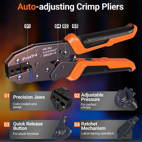 Heavy Duty Crimping Tool Kit For Insulated Terminals And Wire Connectors With Ratchet Crimper Covering AWG 20 To 10 close-up view