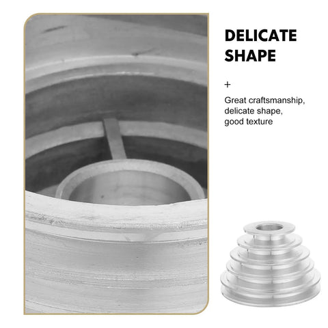 Aluminum Pagoda Pulley Wheel For Drill Press Multi Speed Transmission Pulley Replacement With 22mm Bore For Motor Shaft Systems In Home Workshops For DIY Projects And Upgrades, silver aluminum pulley close-up