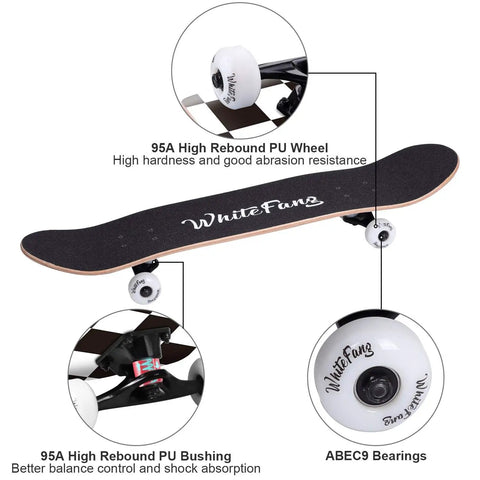 Side view of Beginner Friendly Complete Skateboard 31.75 Inch Long 7.88 Inch Wide Deck With 7 Layer Canadian Maple Double Kick Concave For Tricks And Learning For Kids And Adults Up To 220 Lbs 95A PU Wheels highlighting wheels.