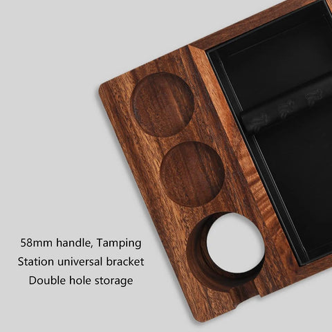 Top view of Solid Wooden Coffee Knock Box With Embedded Silicone Rod Heavy Duty Espresso Tamping Station, showing double hole storage.