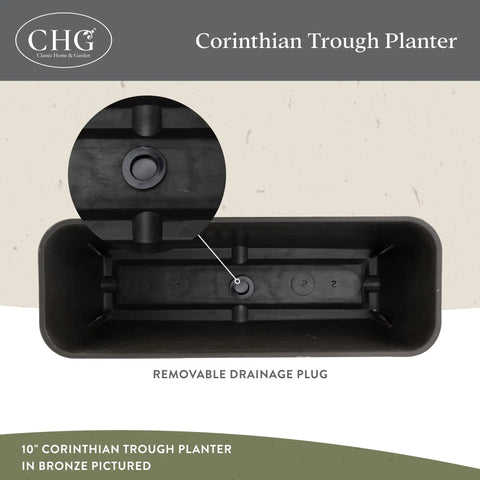 Rectangular Planter Box With Drain Plug For Indoor And Outdoor Use Perfect For Succulents And Cacti Lightweight Resin Trough Planter In Storm Gray Ten Inch Pack Of 1, close-up of drainage plug.