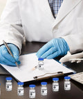 Front view of several Threlaco 2ml sealed sterile glass vials with blue caps and white labels on a lab desk