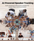 All In One 360 Degree 4K Conference Camera With AI Speaker Tracking Noise Cancellation displayed in a meeting room setup.