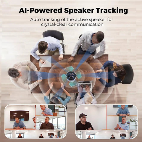 All In One 360 Degree 4K Conference Camera With AI Speaker Tracking Noise Cancellation displayed in a meeting room setup.